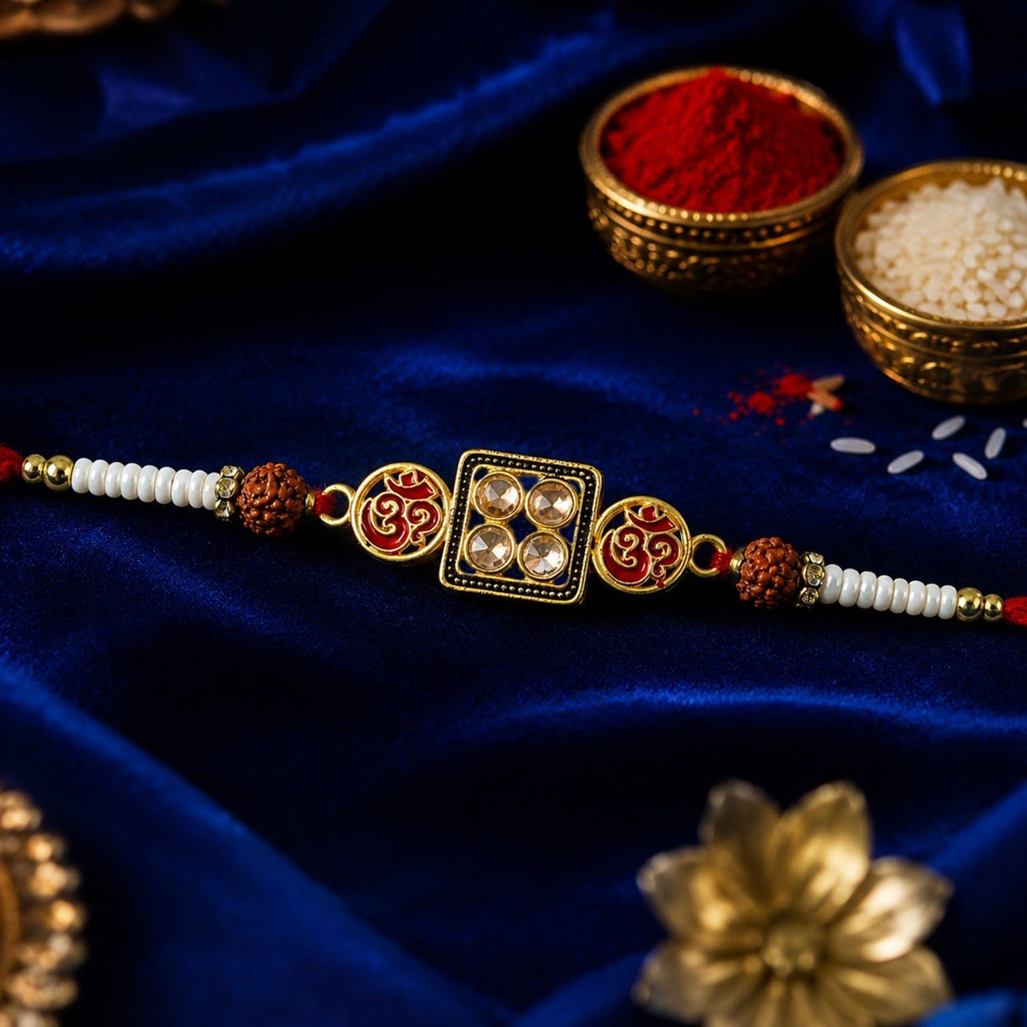Om Kundan Square Frame Rudraksha Bead Fancy Thread Rakhi for Brother