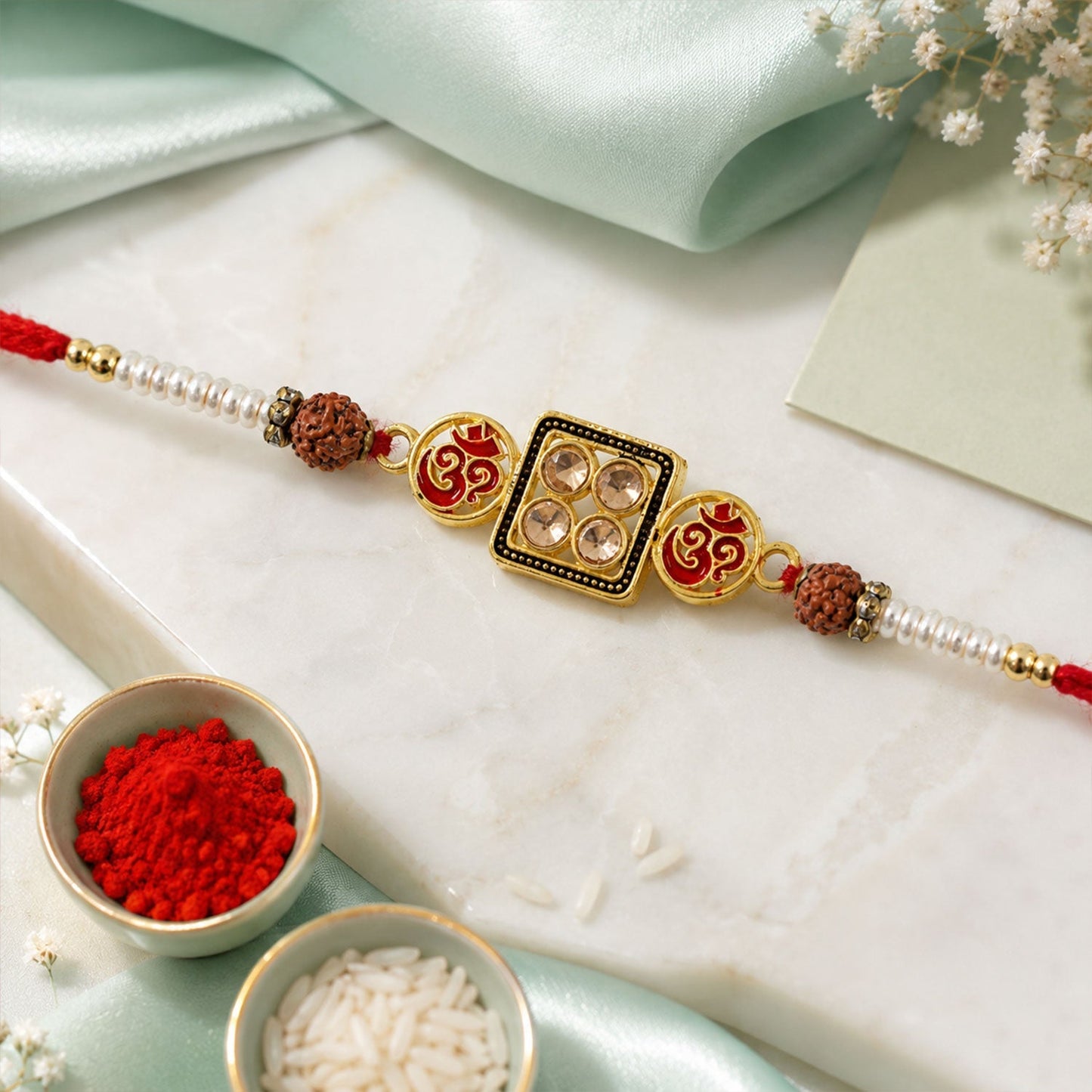 Om Kundan Square Frame Rudraksha Bead Fancy Thread Rakhi for Brother