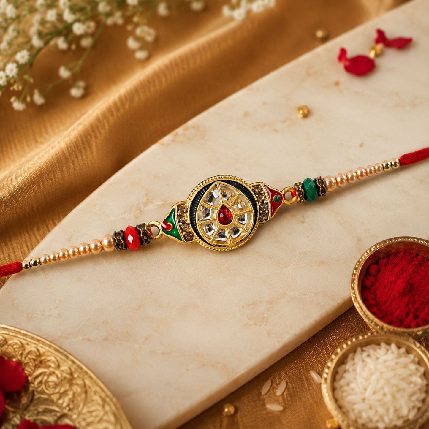 Round Kundan Meenakari Design Crystal Bead Thread Rakhi for Brother