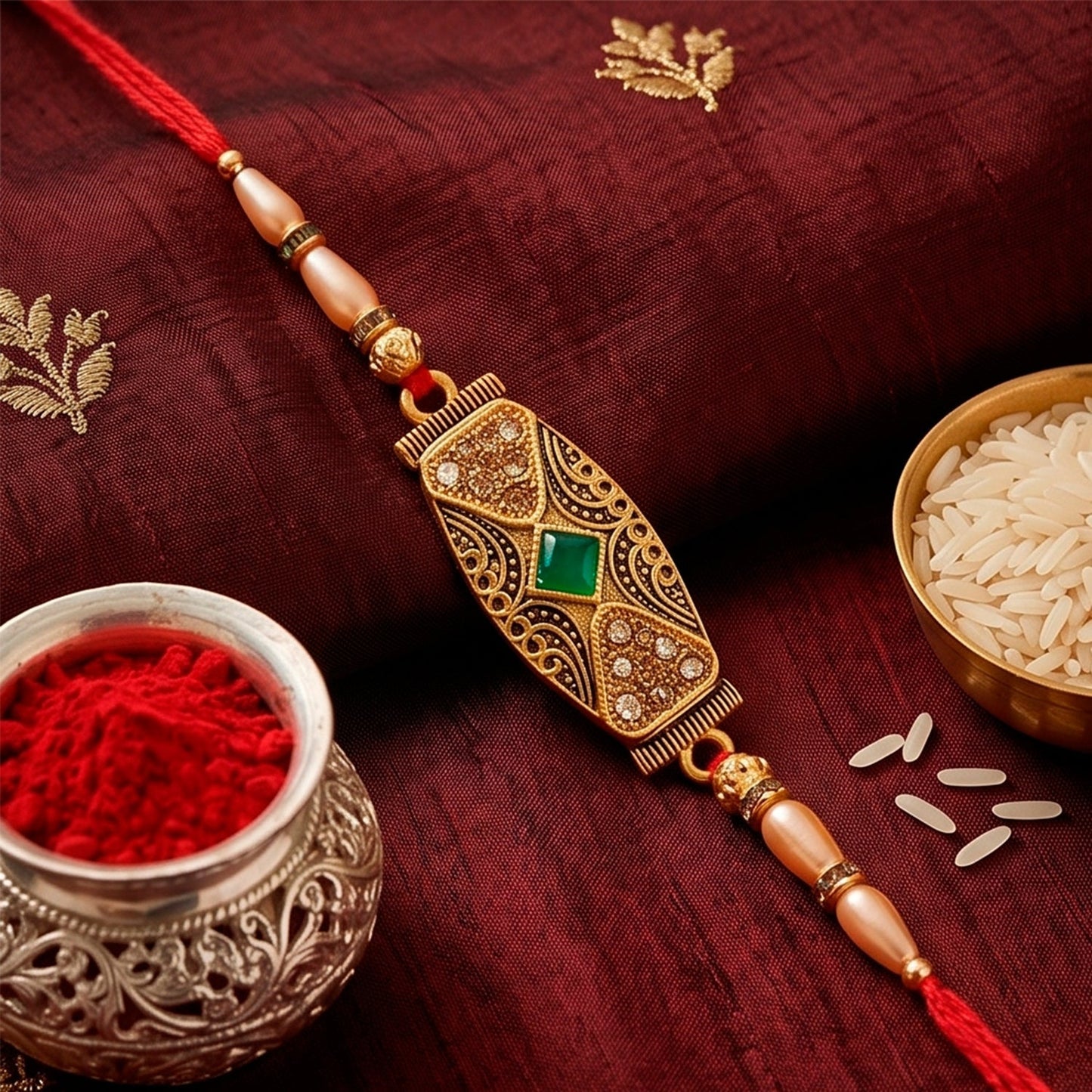Antique Meenakari Elongated Oval Charm Pearl Bead Thread Rakhi for Brother
