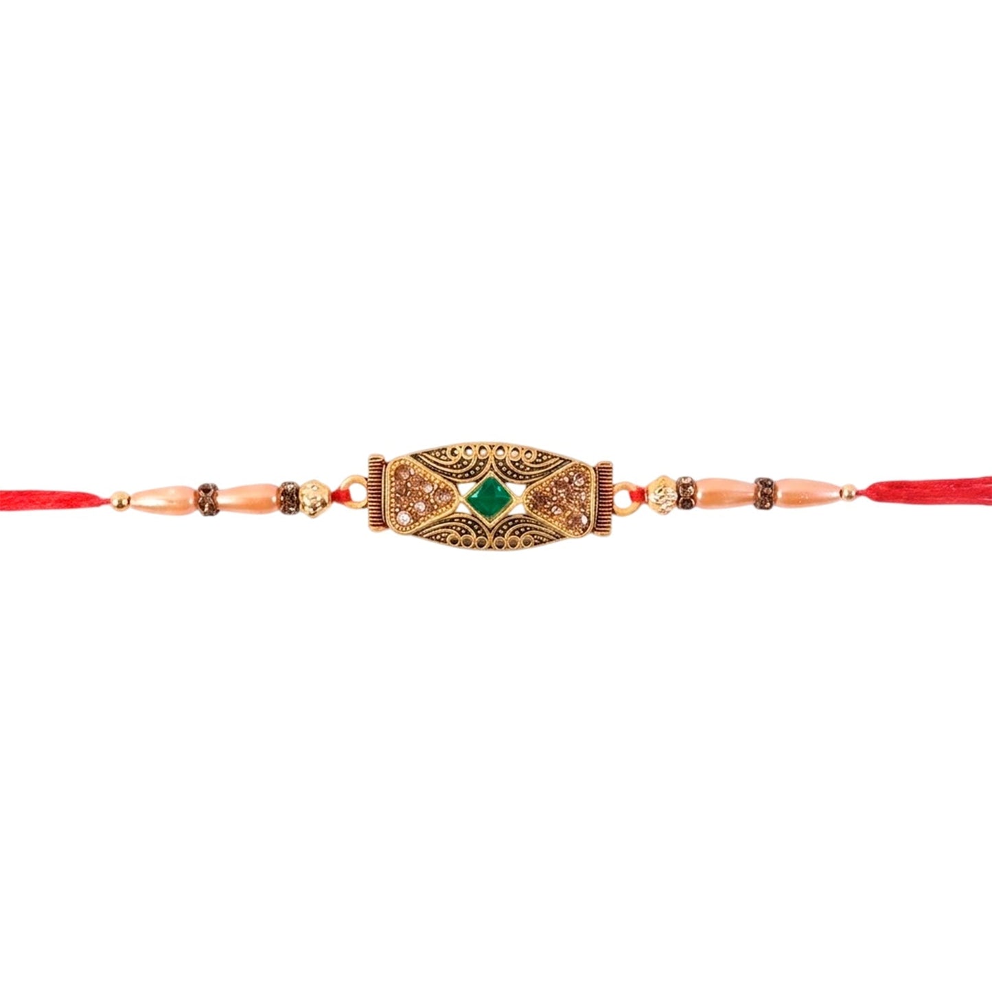 Antique Meenakari Elongated Oval Charm Pearl Bead Thread Rakhi for Brother