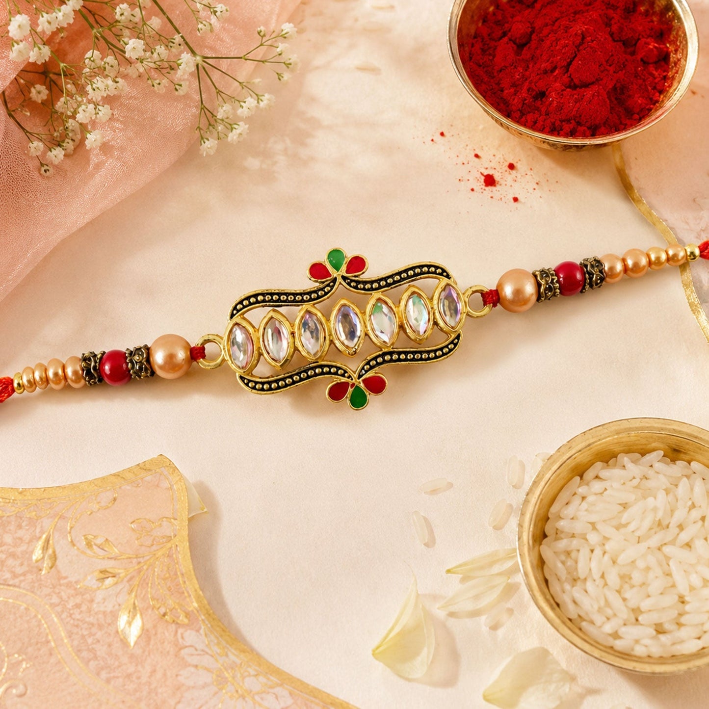 Kundan Marquise Stone Enamel Floral Charm Pearl Bead Rakhi for Brother