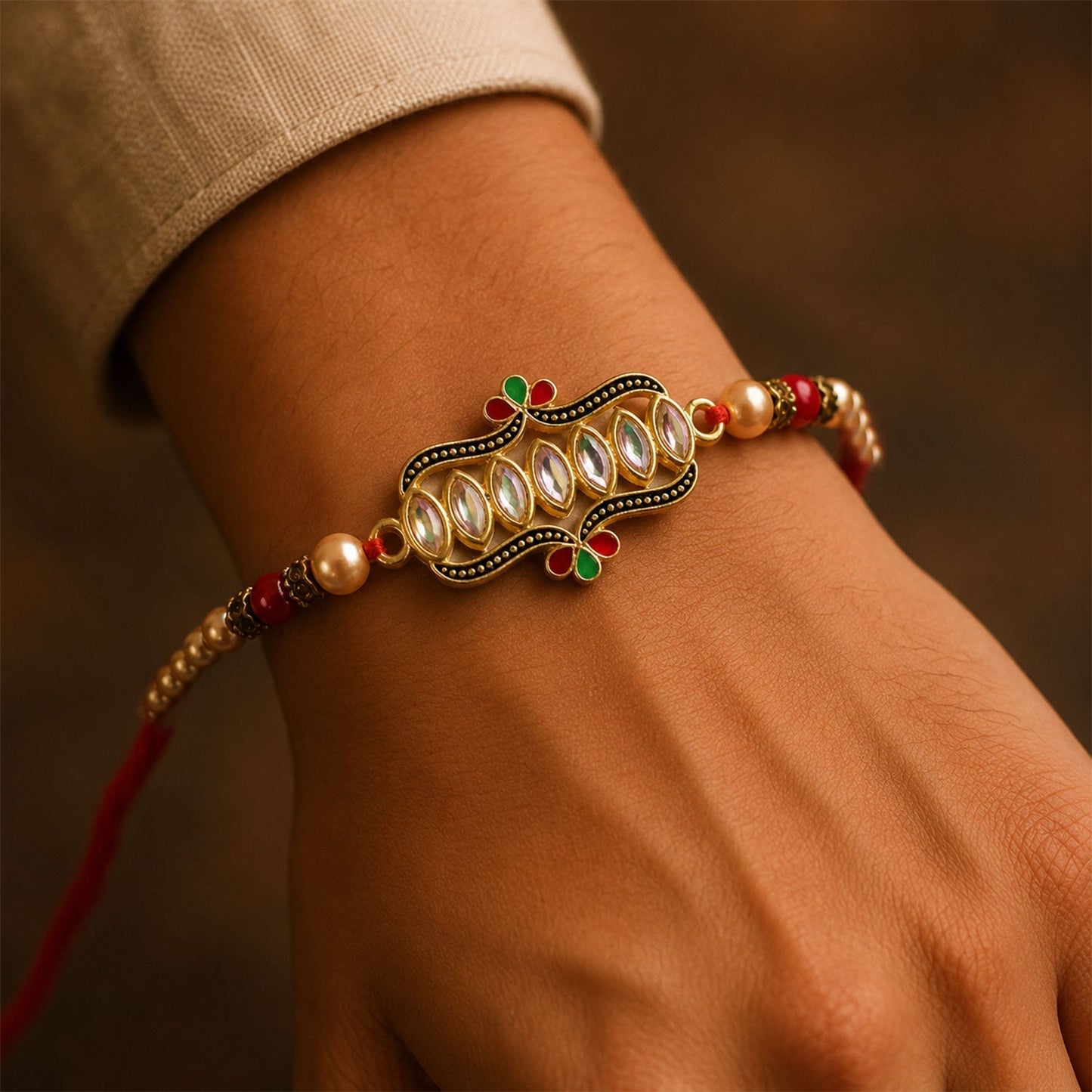 Kundan Marquise Stone Enamel Floral Charm Pearl Bead Rakhi for Brother