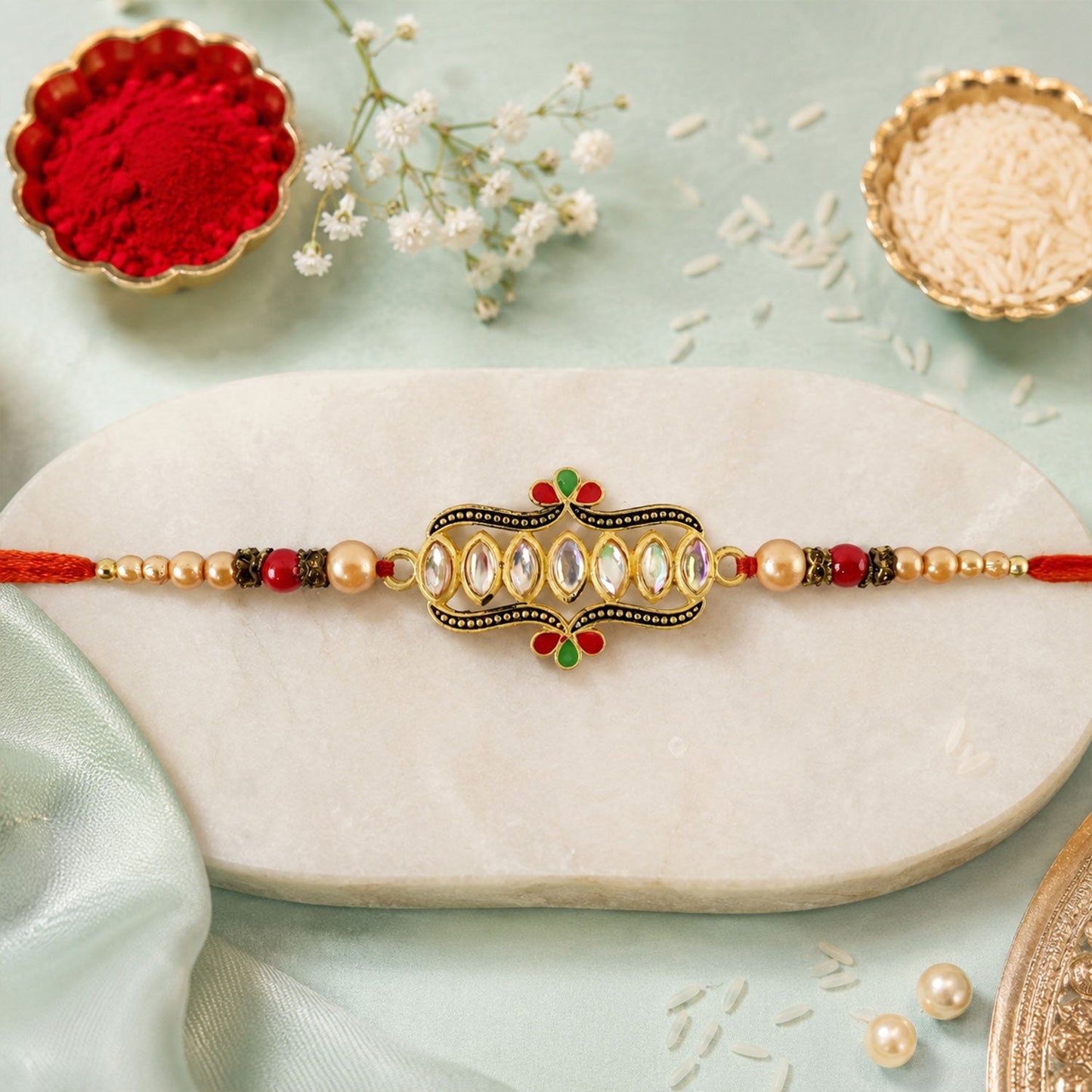 Kundan Marquise Stone Enamel Floral Charm Pearl Bead Rakhi for Brother
