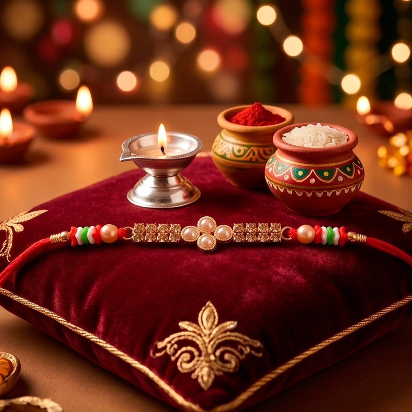 Pearl Bar Crystal Stone Bead Fancy Thread Rakhi for Brother