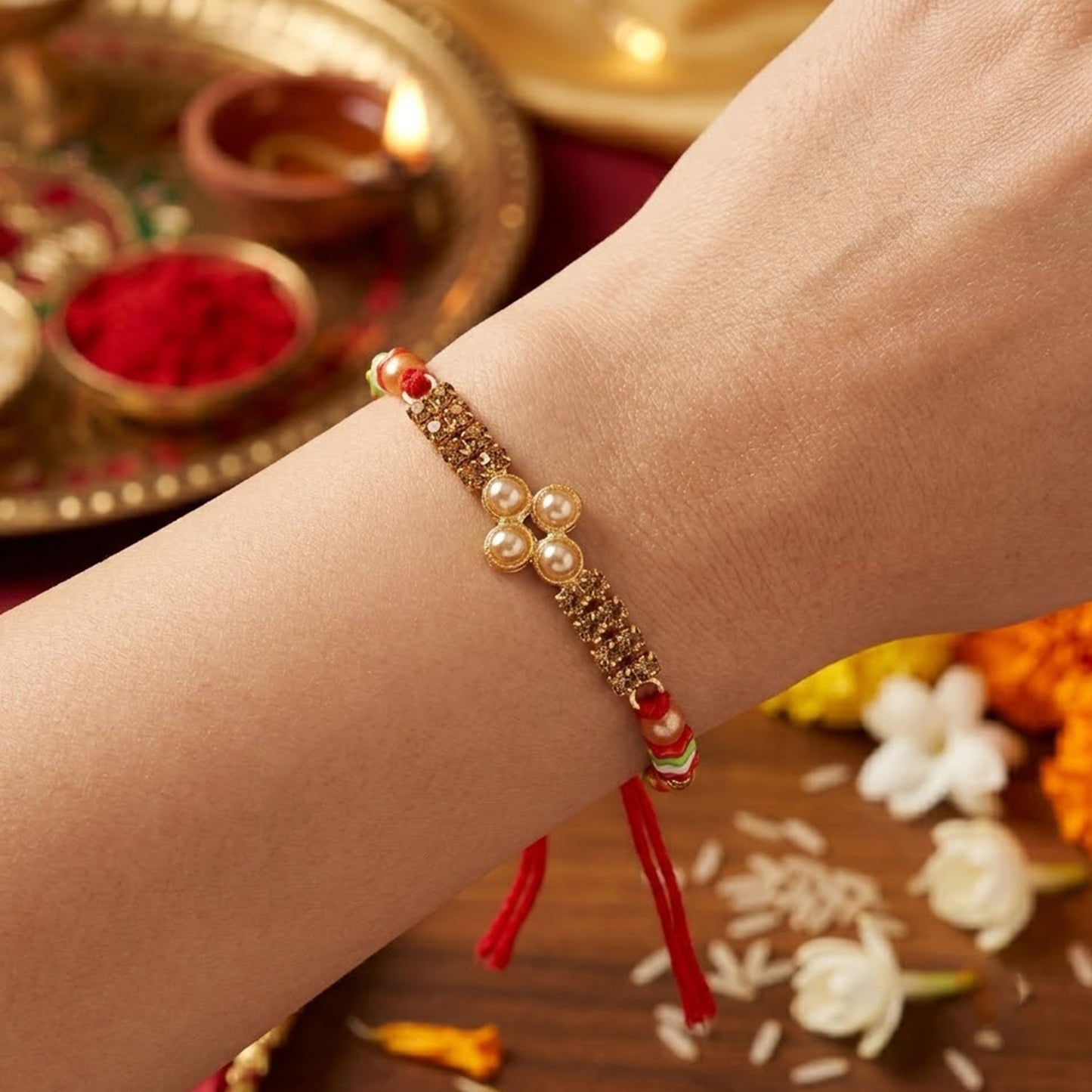Pearl Bar Crystal Stone Bead Fancy Thread Rakhi for Brother
