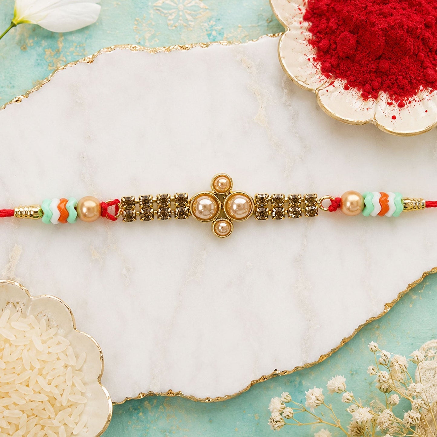 Kundan Pearl Diamond Bead Crystal Fancy Thread Rakhi for Brother