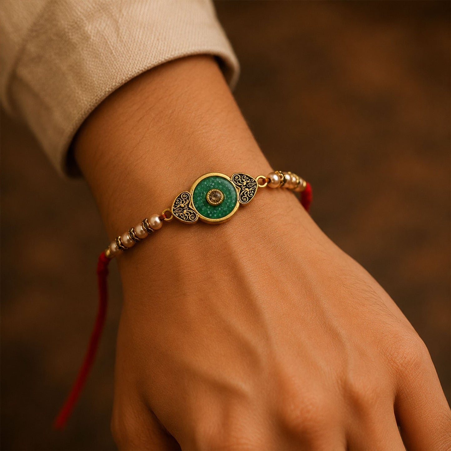 Round Meenakari Enamel Kundan Stone Pearl Bead Thread Rakhi for Brother