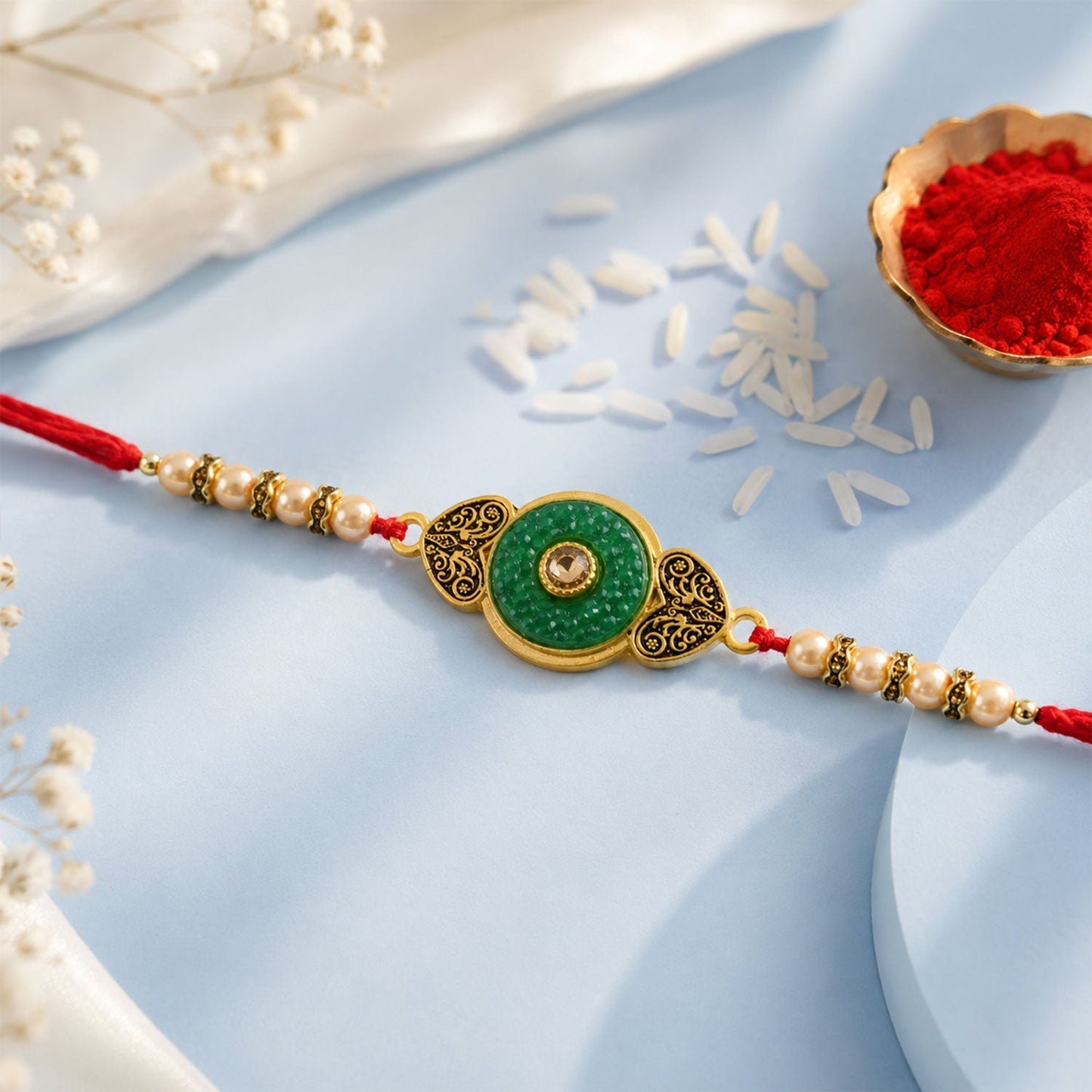 Round Meenakari Enamel Kundan Stone Pearl Bead Thread Rakhi for Brother