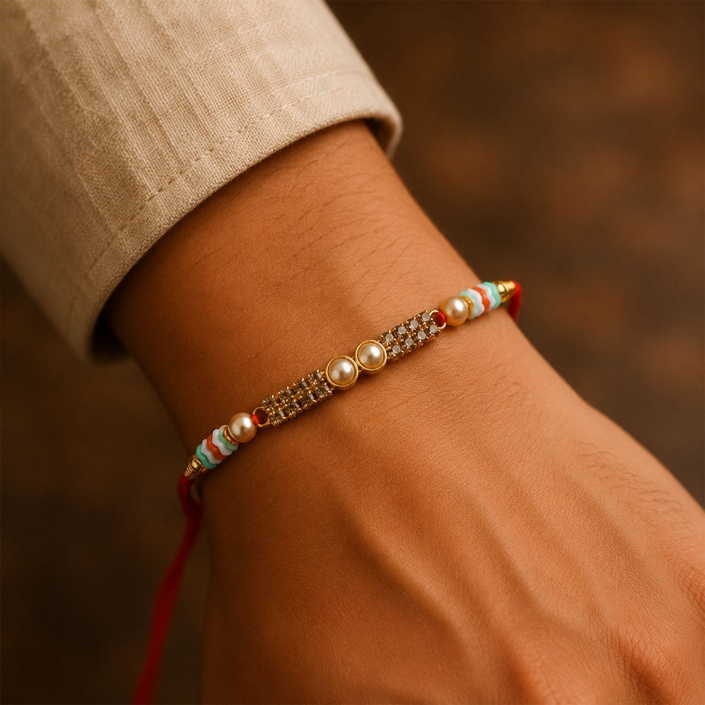 Kundan Pearl Crystal Bead Fancy Decorative Thread Rakhi for Brother