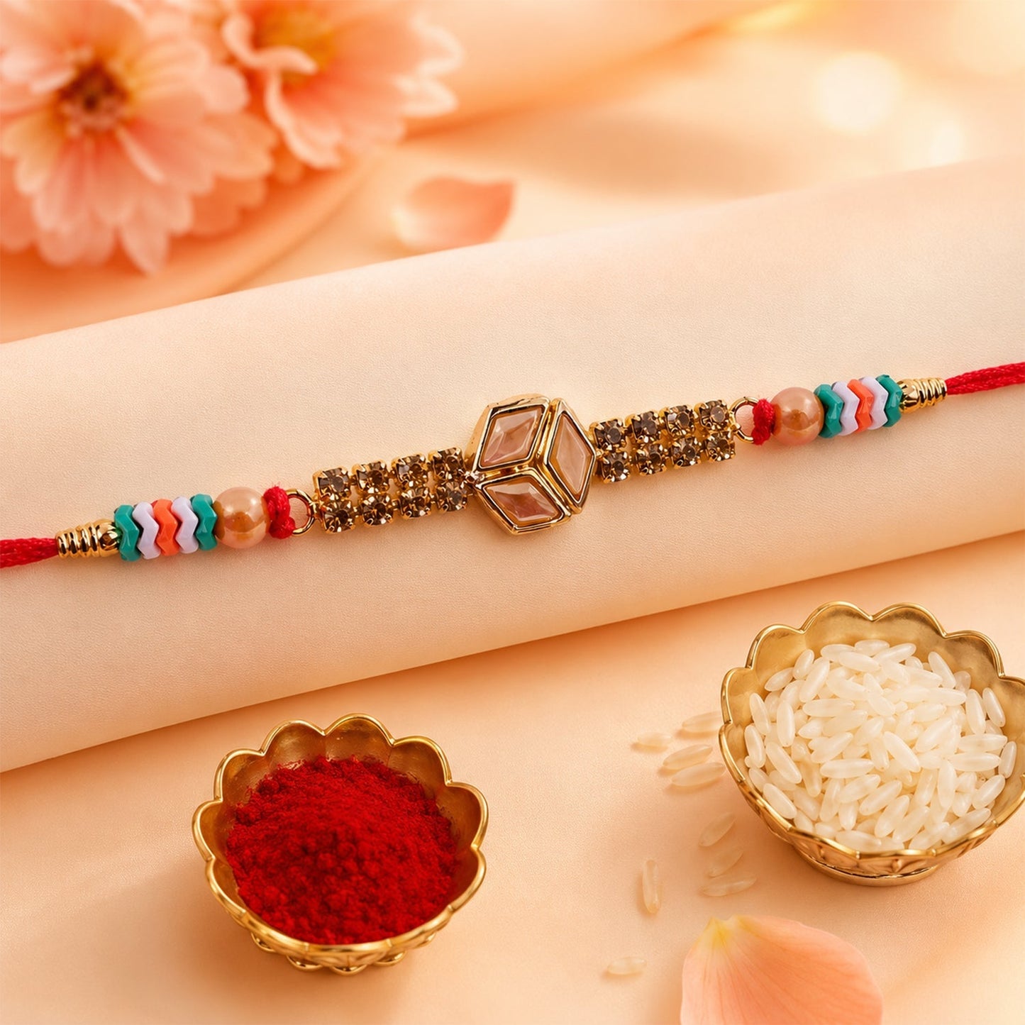 Hexagon Kundan Marquise Stone Crystal Bead Fancy Thread Rakhi for Brother