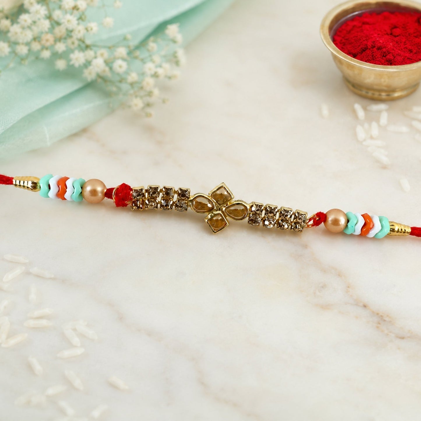 Floral Kundan Crystal Bead Pearl Decorative Fancy Thread Rakhi for Brother
