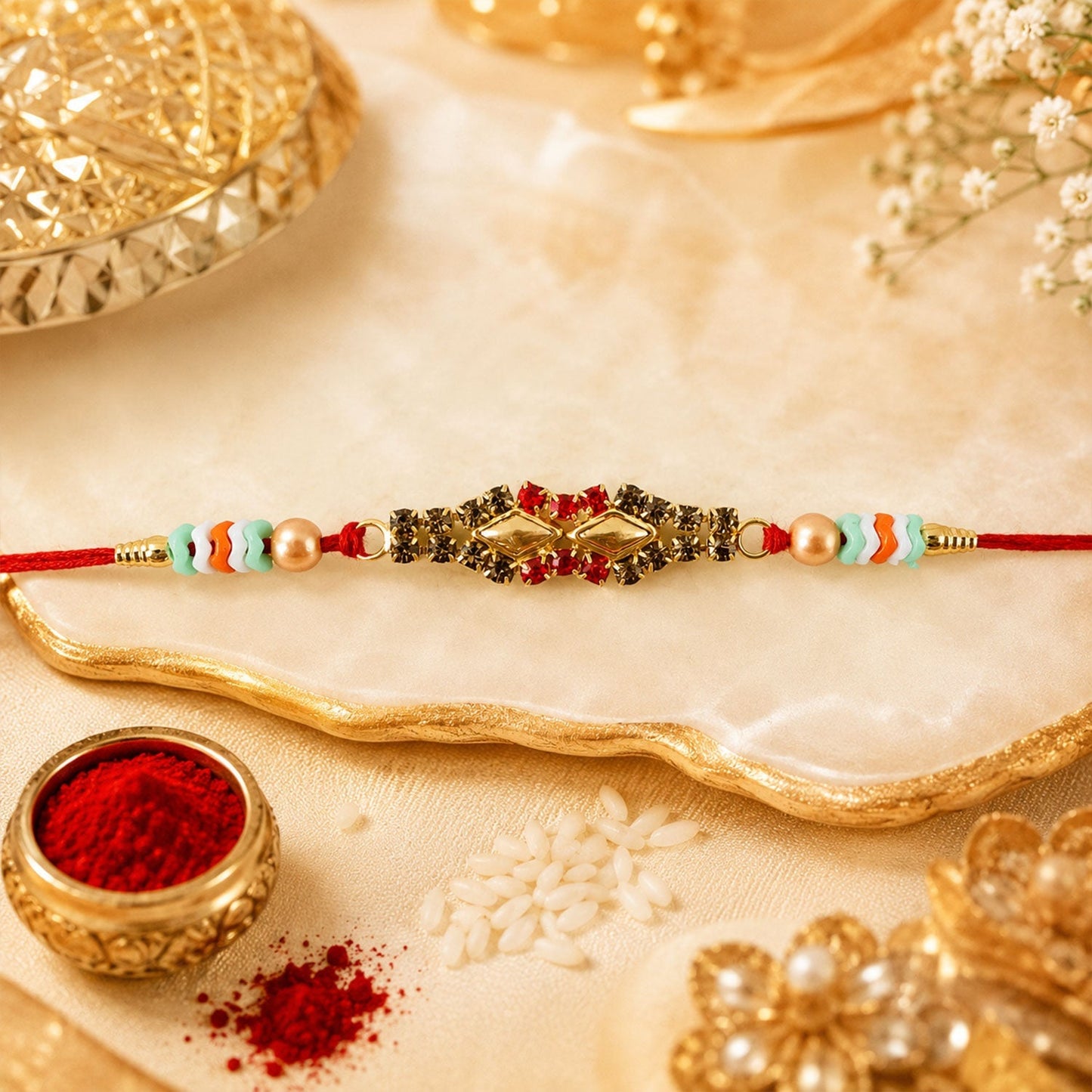 Diamond Kundan Crystal Cluster Pearl Bead Fancy Thread Rakhi for Brother