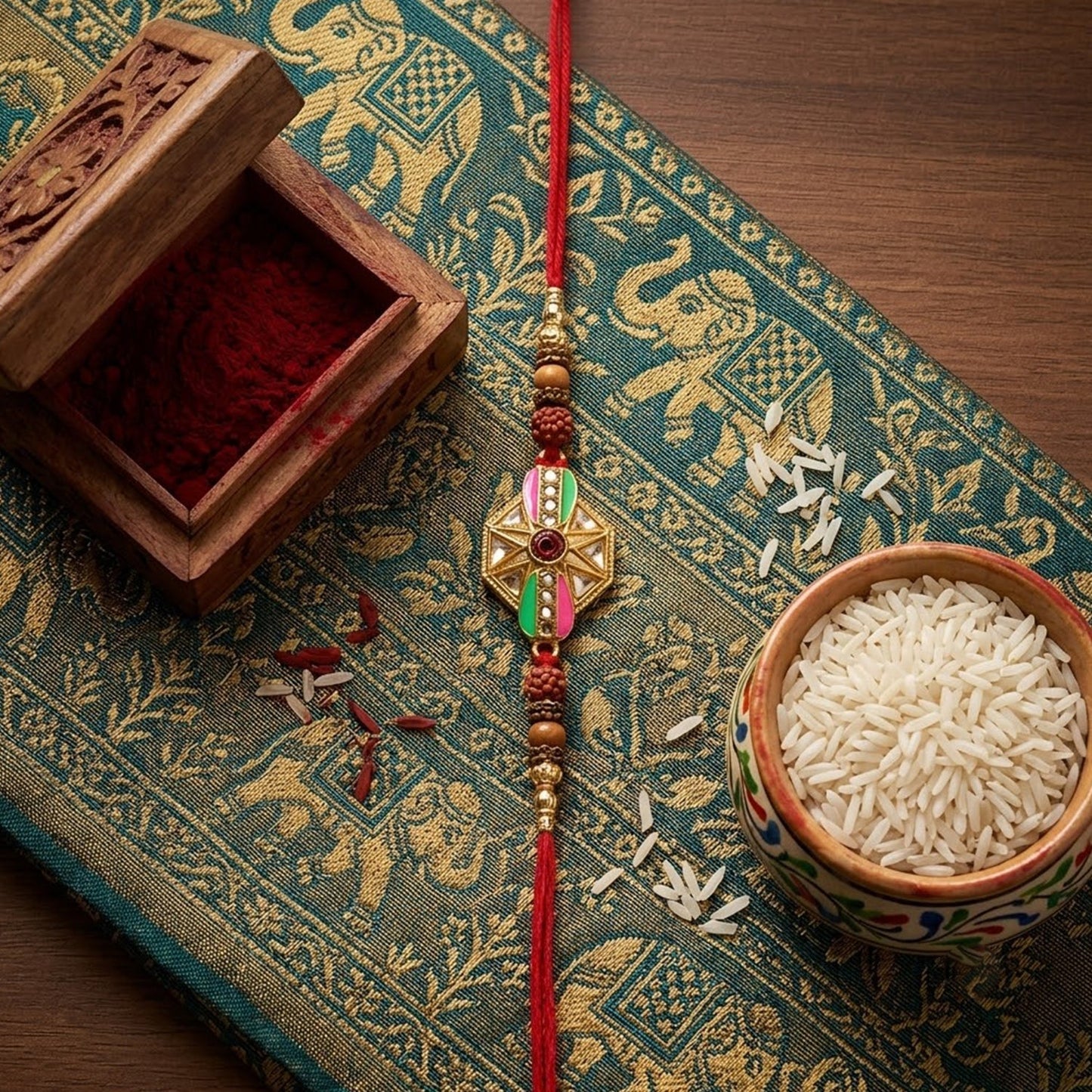 Hexagon Kundan Meenakari Enamel Rudraksha Bead Thread Rakhi for Brother