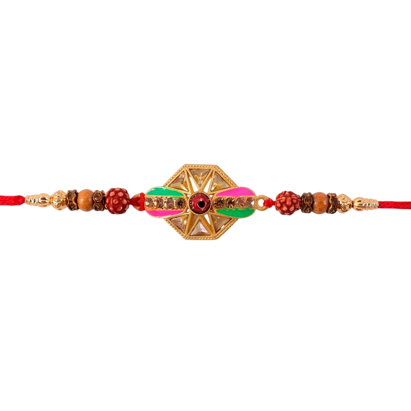 Hexagon Kundan Meenakari Enamel Rudraksha Bead Thread Rakhi for Brother