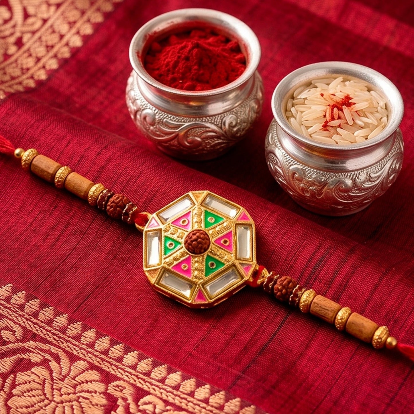 Round Floral Kundan Meenakari Enamel Rudraksha Wood Bead Thread Rakhi for Brother