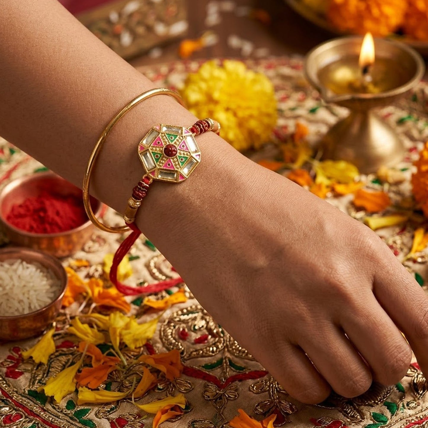 Round Floral Kundan Meenakari Enamel Rudraksha Wood Bead Thread Rakhi for Brother