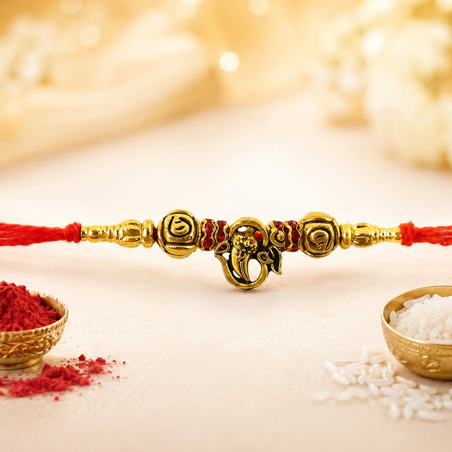 Lord Ganesha Om Antique Charm Round Bead Fancy Thread Rakhi for Brother