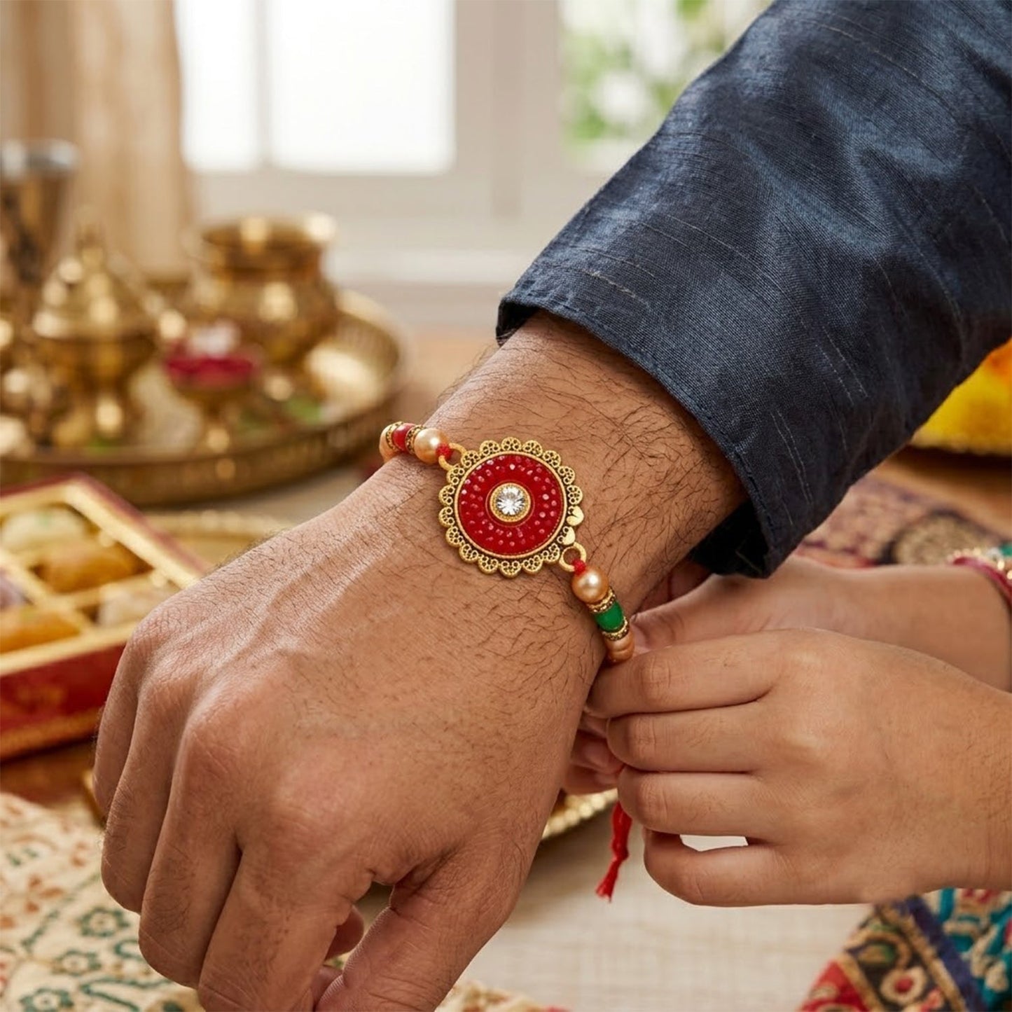 Round Antique Meenakari Enamel Kundan Stone Pearl Bead Rakhi for Brother