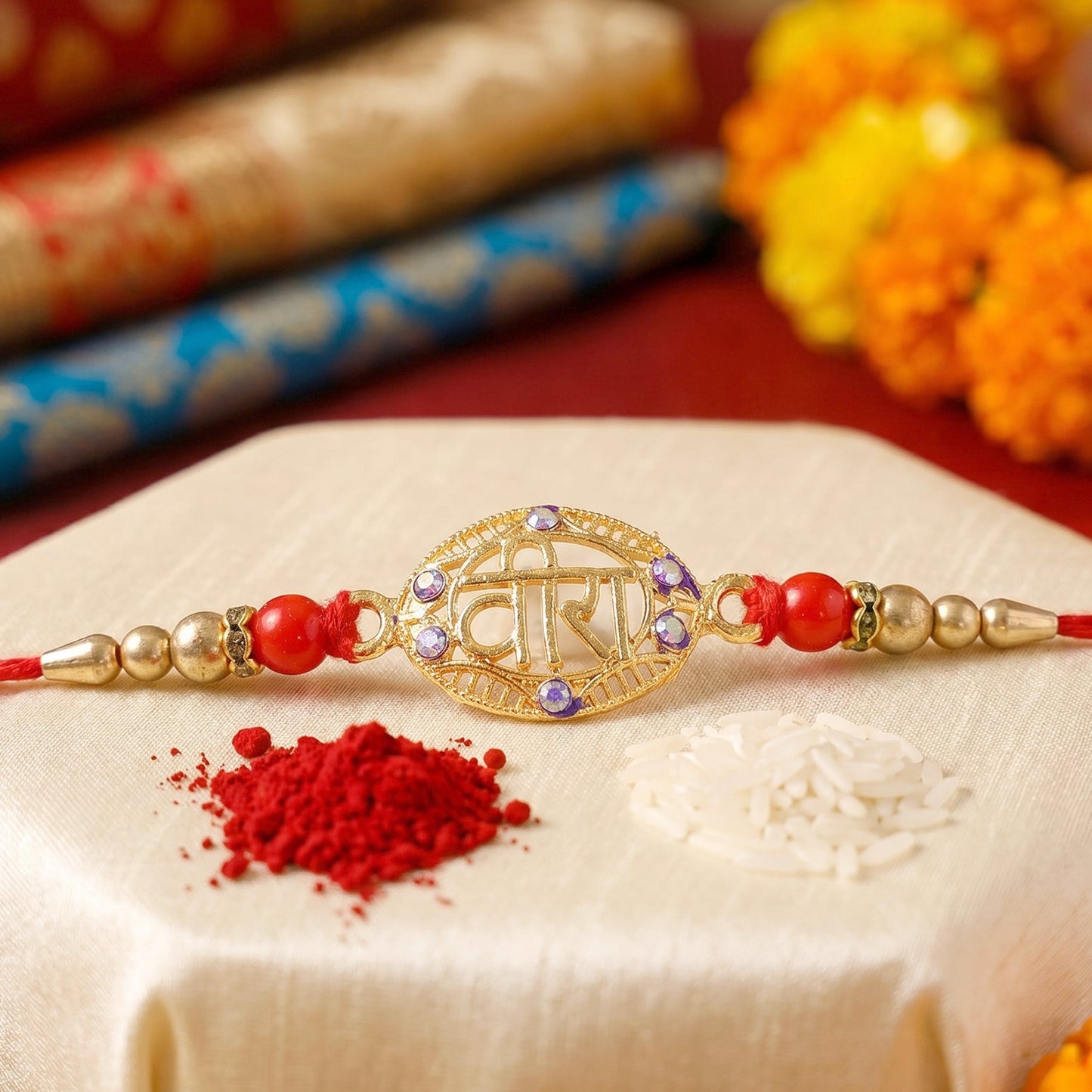 Festive Rakhi with golden centerpiece and decorative red beads