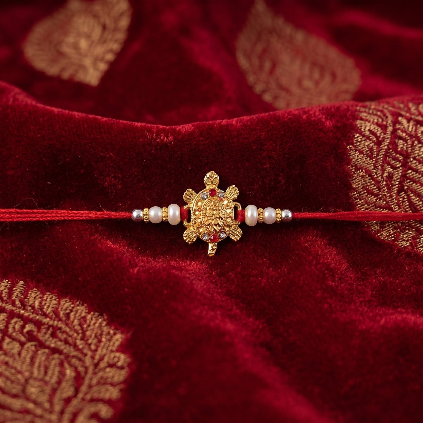 Stylish Turtle Rakhi tied, highlighting its traditional design and fit.