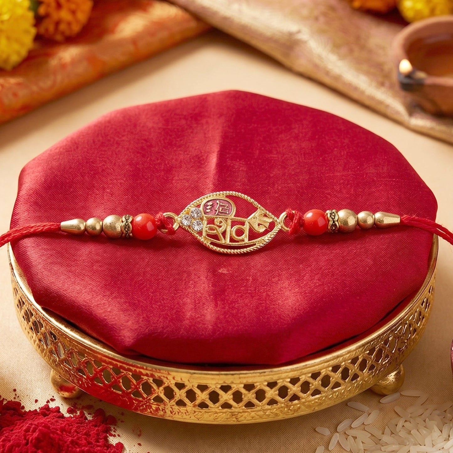 Festive Rakhi with gold leaf design and red beads