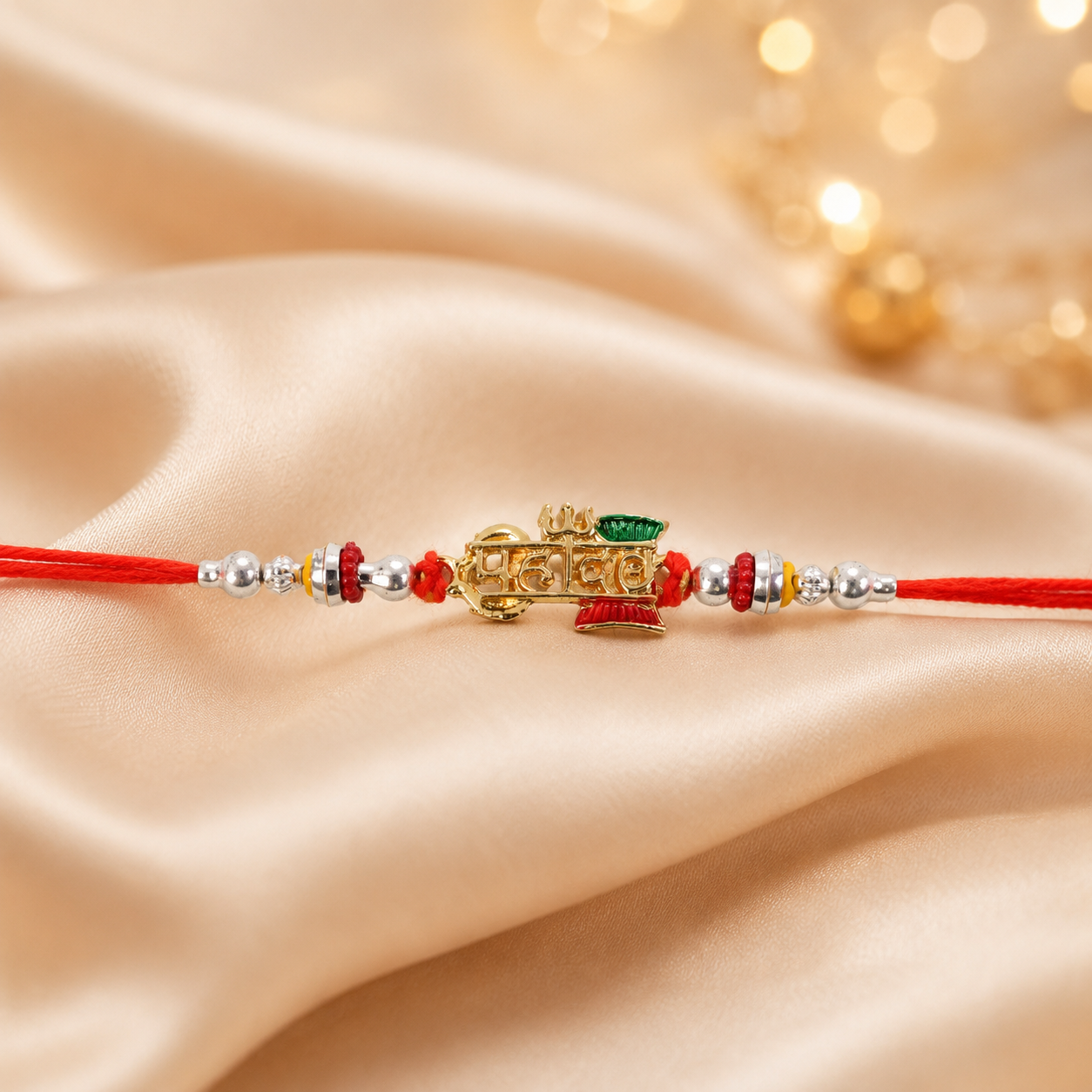 Close-up of decorative beads and pearls on Mahadev Damru Rakhi