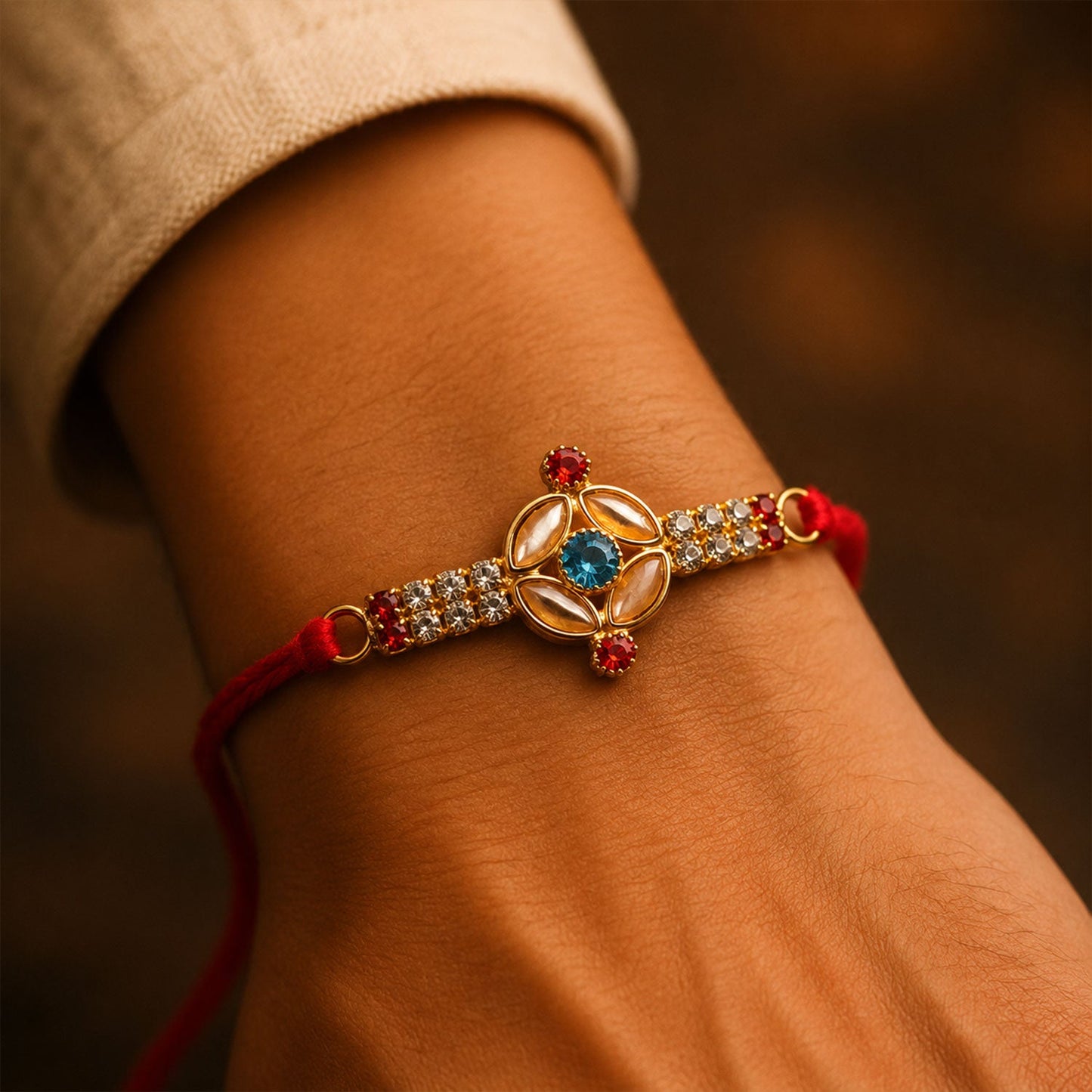 Full thread with decorative elements and pearl ends Rakhi