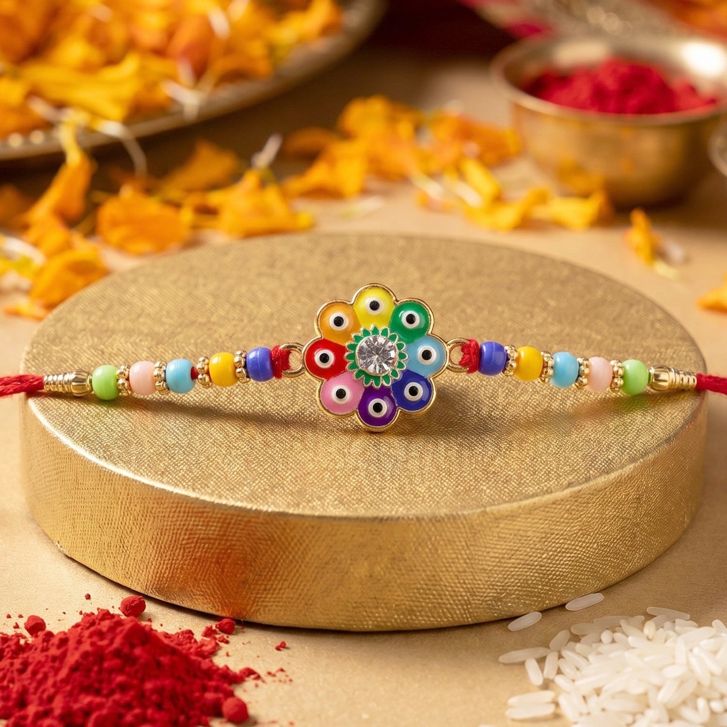 Decorative beads and vibrant colors on evil eye flower Rakhi