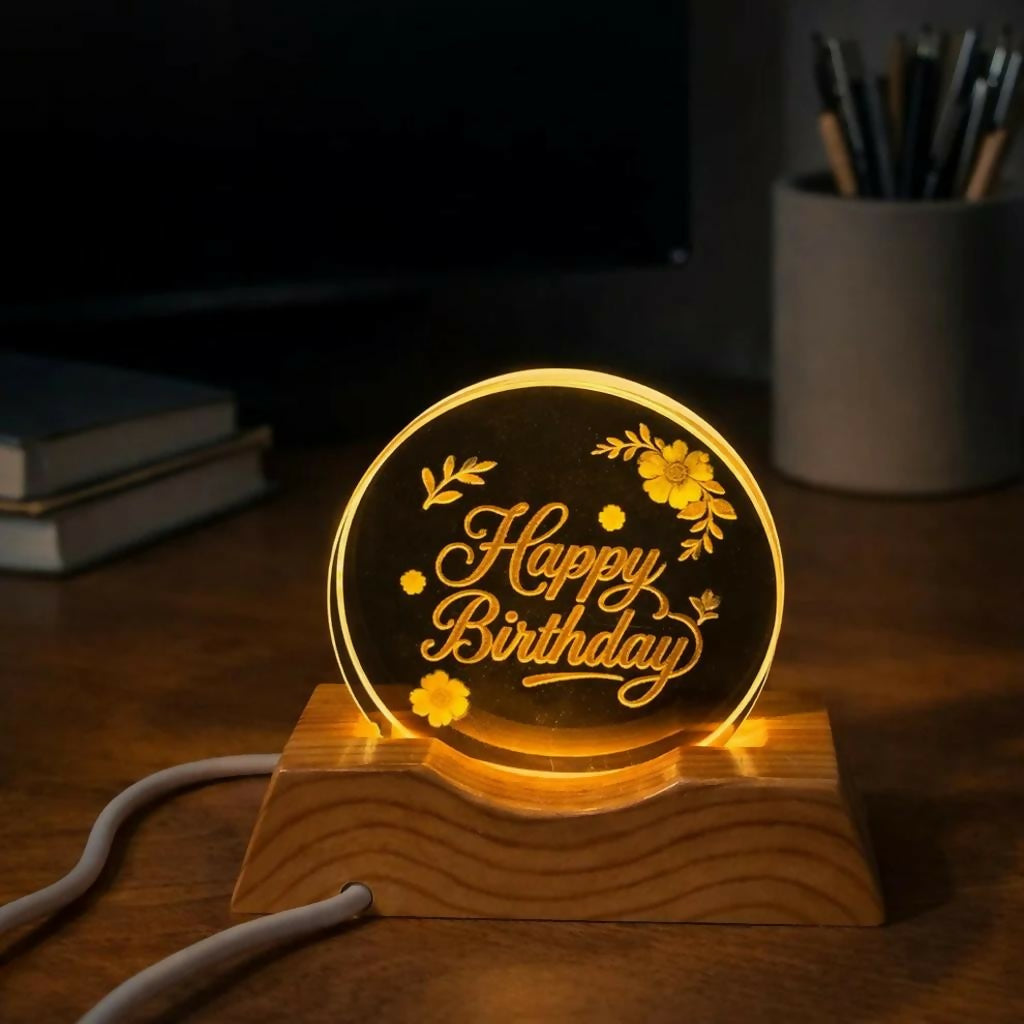 Happy Birthday LED Lamp Wooden Base Decorative Night Light