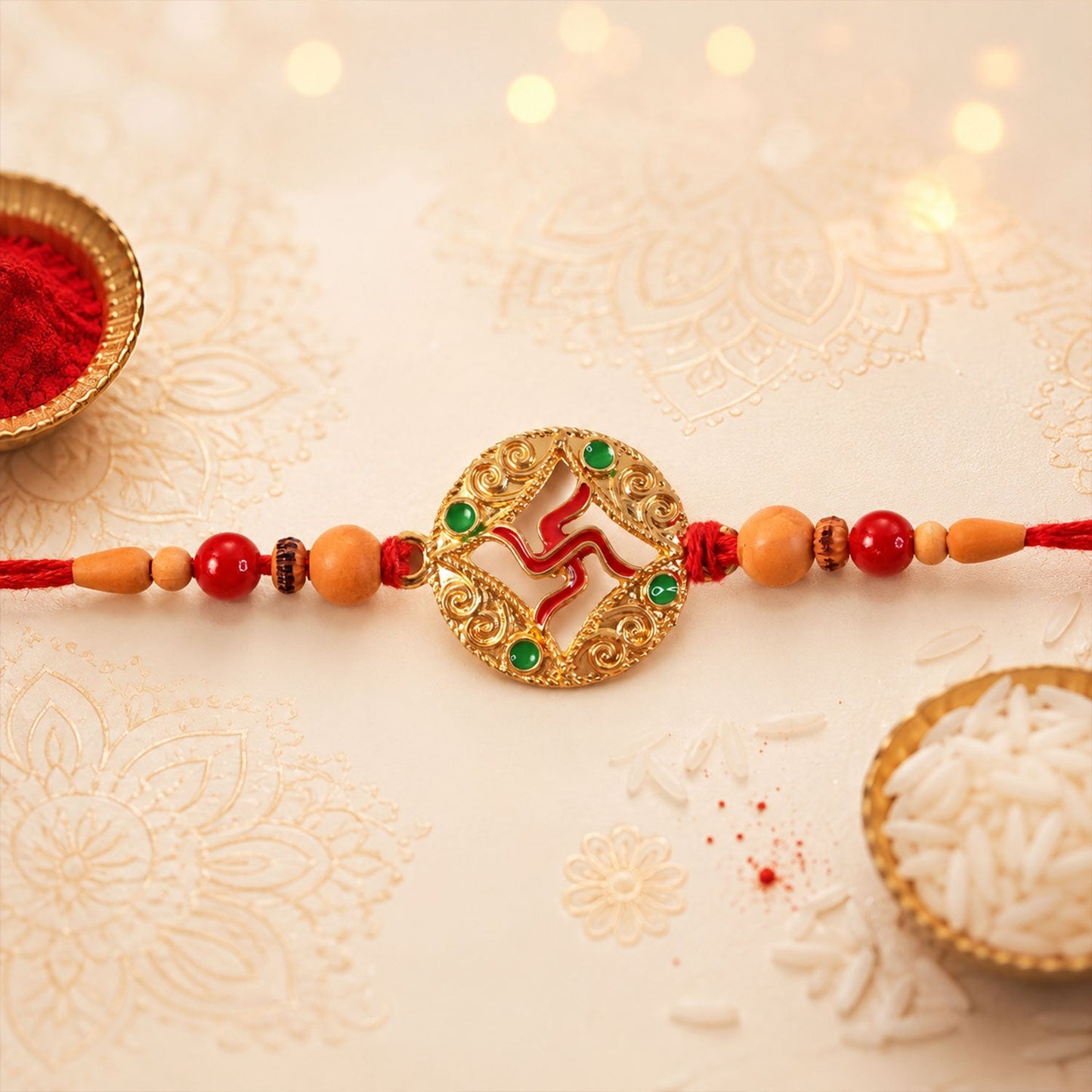 Side view of traditional multicolor Swastik Rakhi with decorative beads