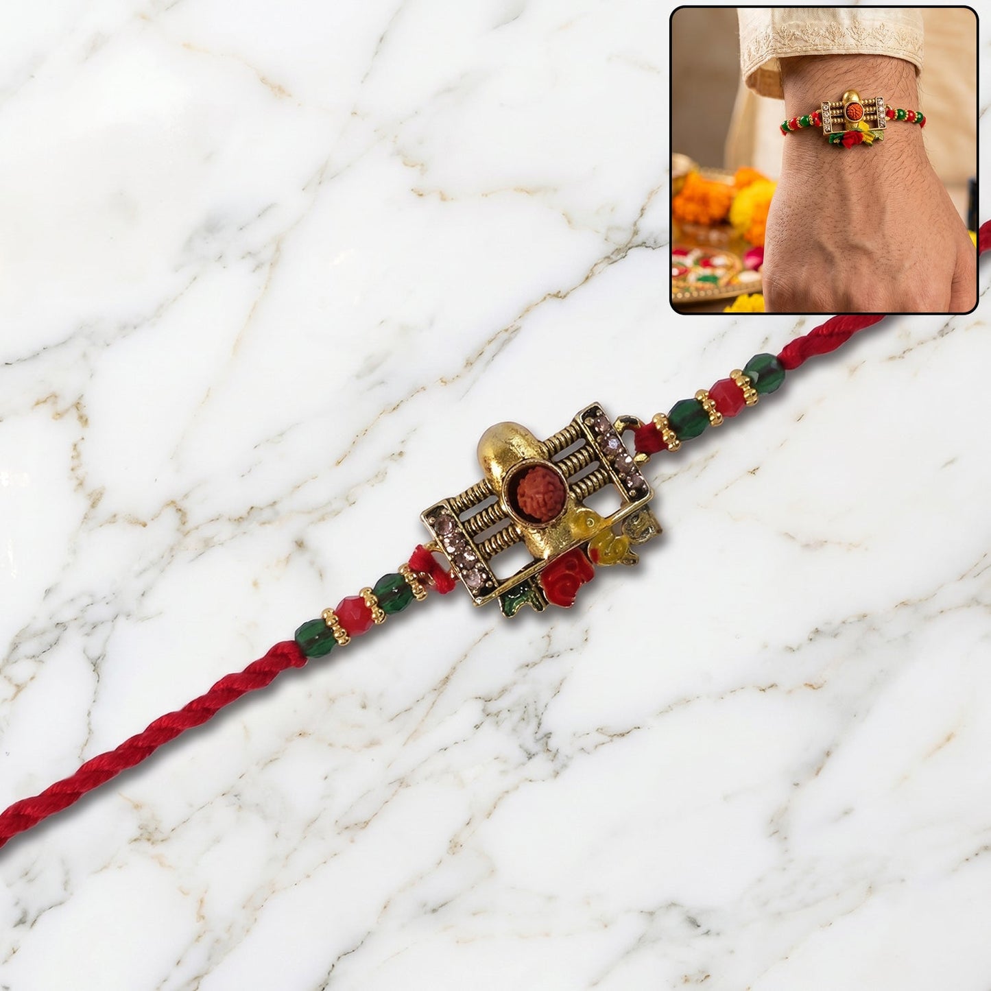 Elegant Rakhi featuring Rudraksha beads and decorative elements for Raksha Bandhan