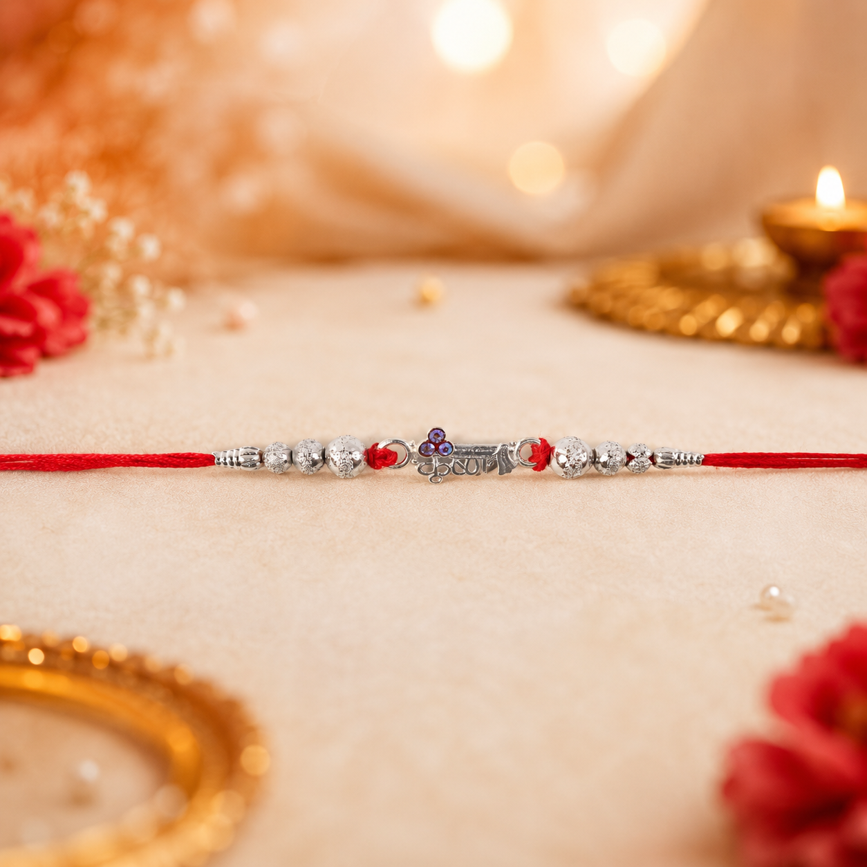 Silver rakhi with decorative beads, purple stone centerpiece, and red thread for Raksha Bandhan