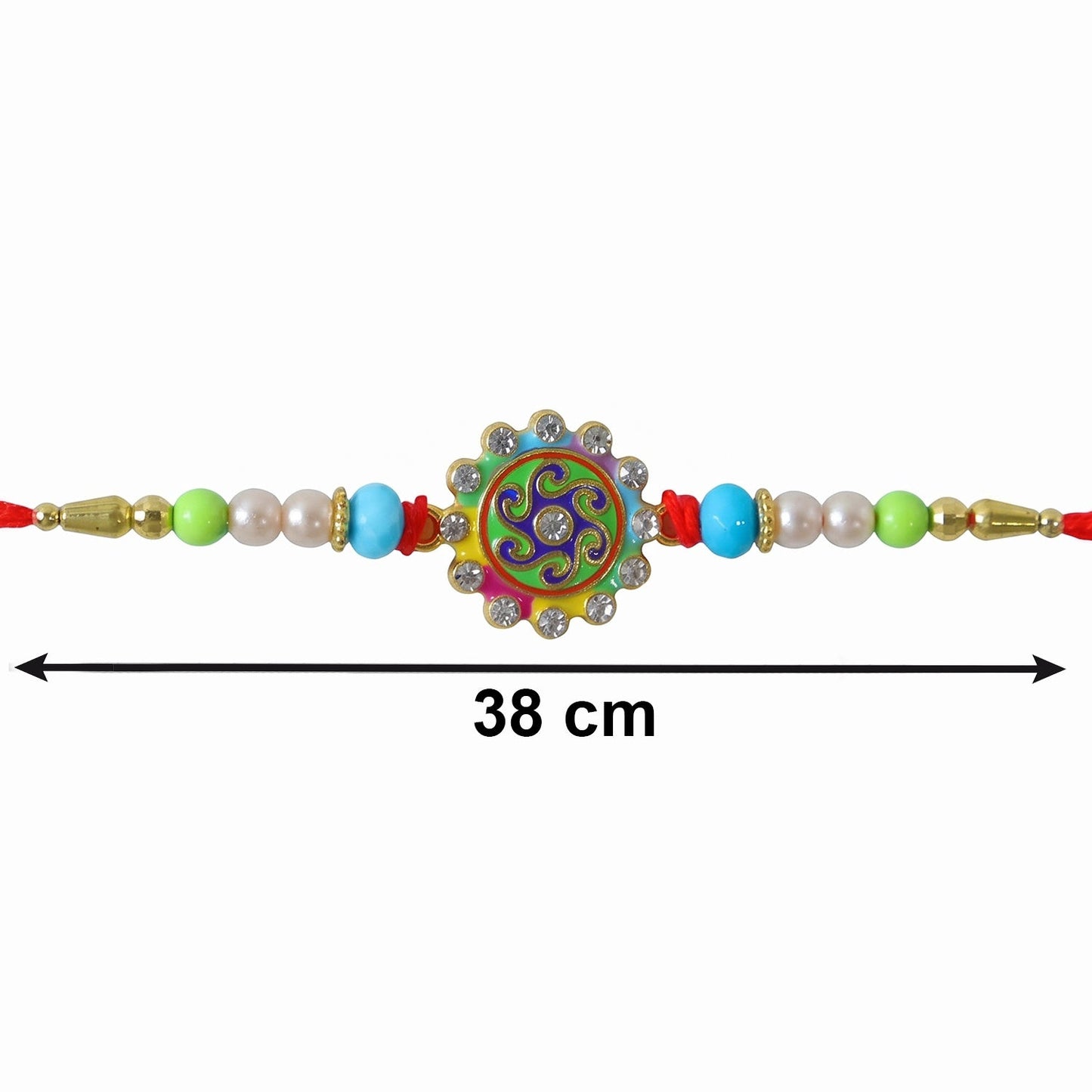 Top view of traditional Rakhi with colorful beads and floral details