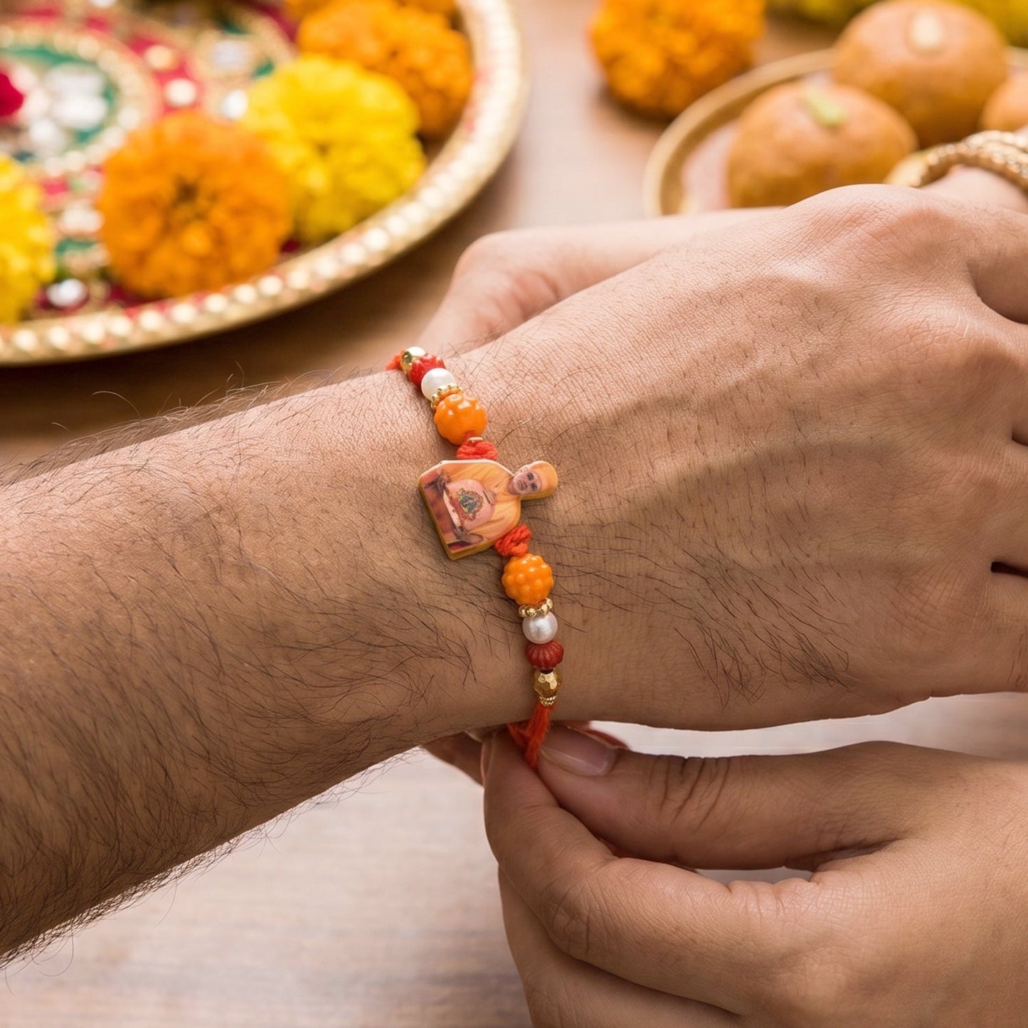 Close-up of traditional Rakhi thread with detailed beadwork