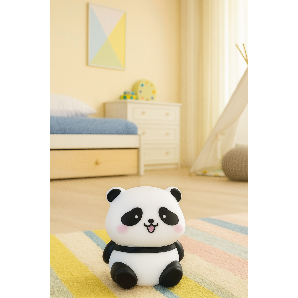 Soft glowing panda night lamp on a bedside table for kids' room