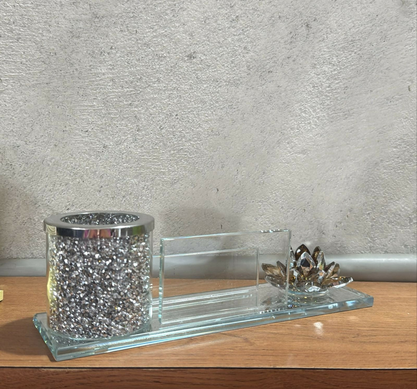 Luxury Glass Pen Stand and Card Holder with Crystal Lotus & Glitter Decor