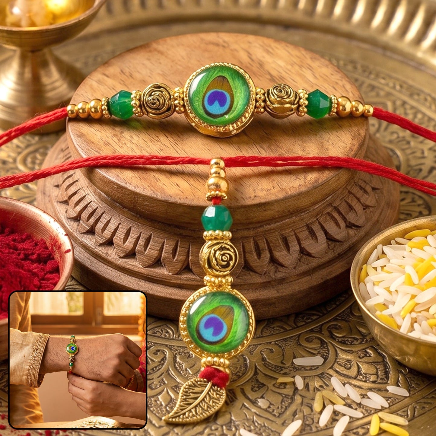 Close-up of the gold hanging charm on Morpich Lumba Rakhi