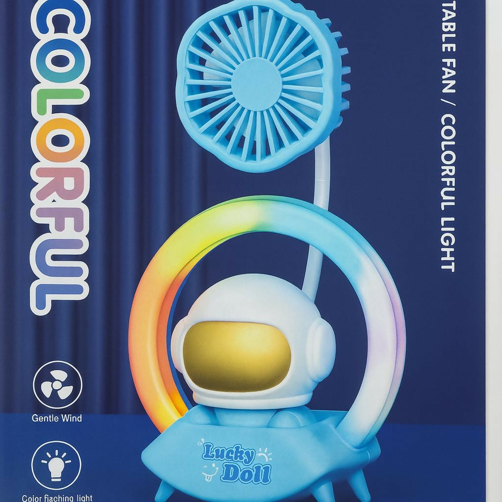 Blue Astronaut Desk Fan with LED Ring Light USB Table Lamp