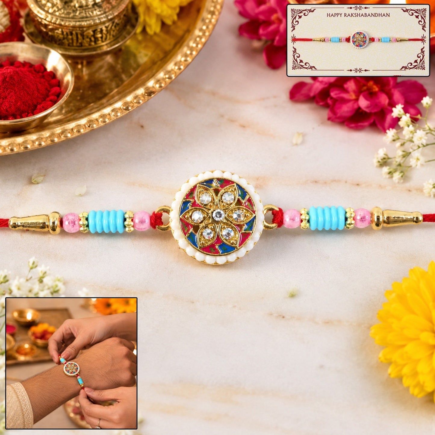 Multicolor Floral Kundan Rakhi with centerpiece and beads