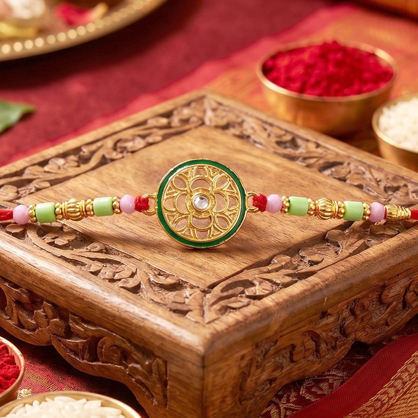 Golden floral wheel Rakhi festive accessory