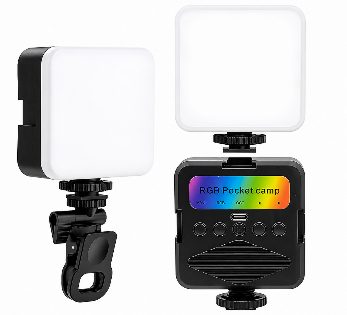 Two views of the LED video light: one with the clip attached, and another showing the back display with RGB controls.