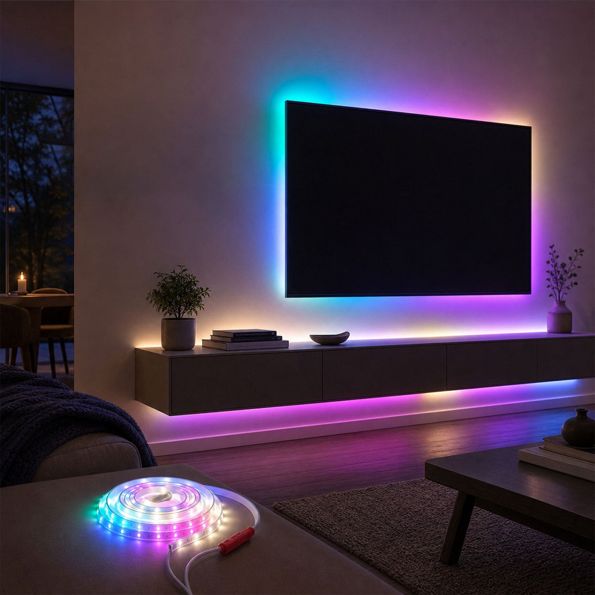 A living room with a TV wall unit illuminated by colorful LED strip lights, with a coiled strip in the foreground.
