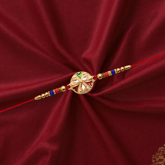 Floral rakhi with mirror work and colorful beads on red thread