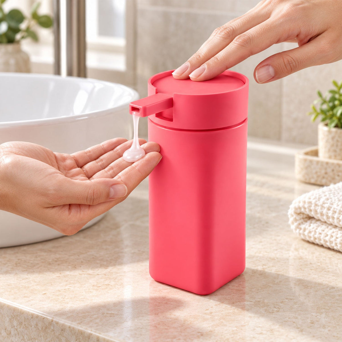 A person's hand pushes down on a vibrant pink soap dispenser, releasing a dollop of liquid into their cupped palm in a