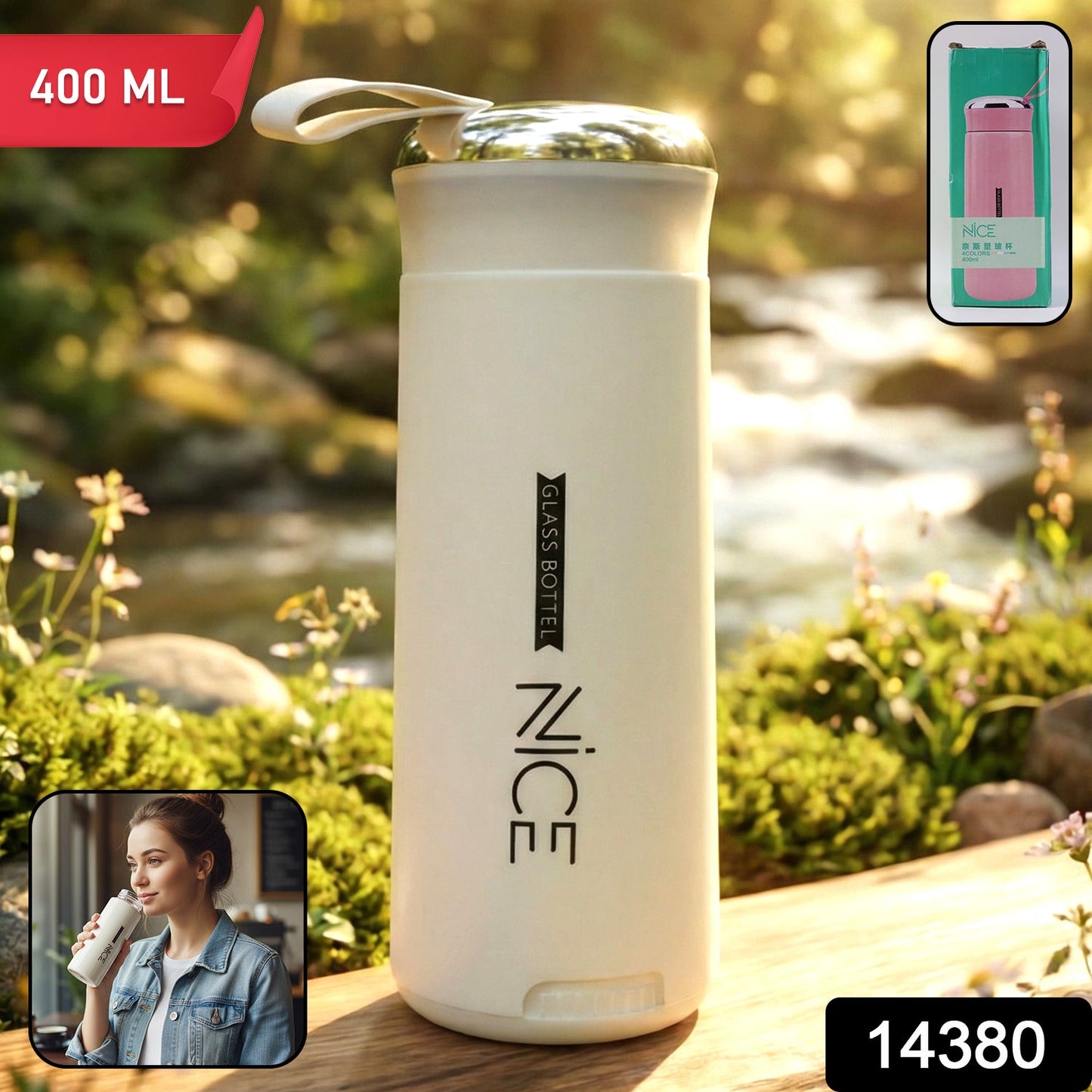 Premium White Glass Water Bottle (1 Pc ,400 ML)