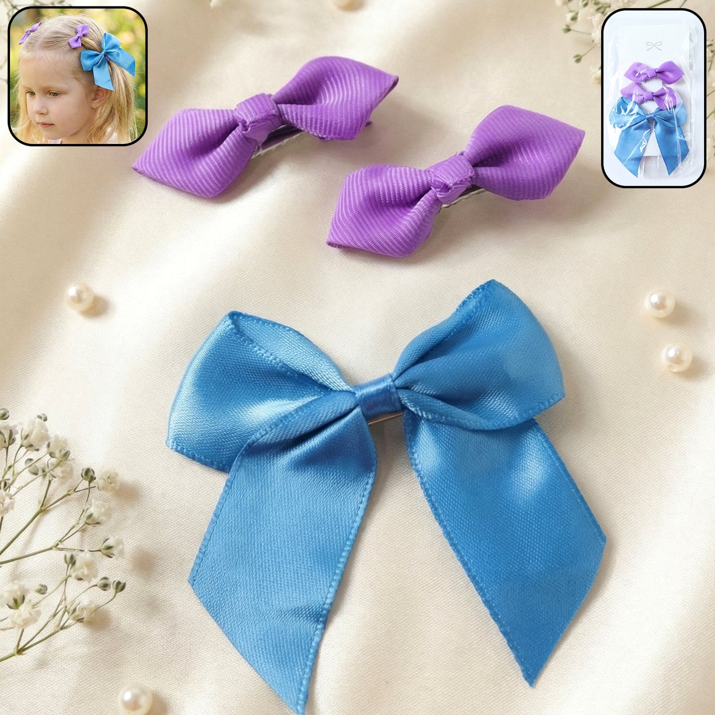 Elegant Satin Ribbon Bow Hair Clips Set (3 Pc)