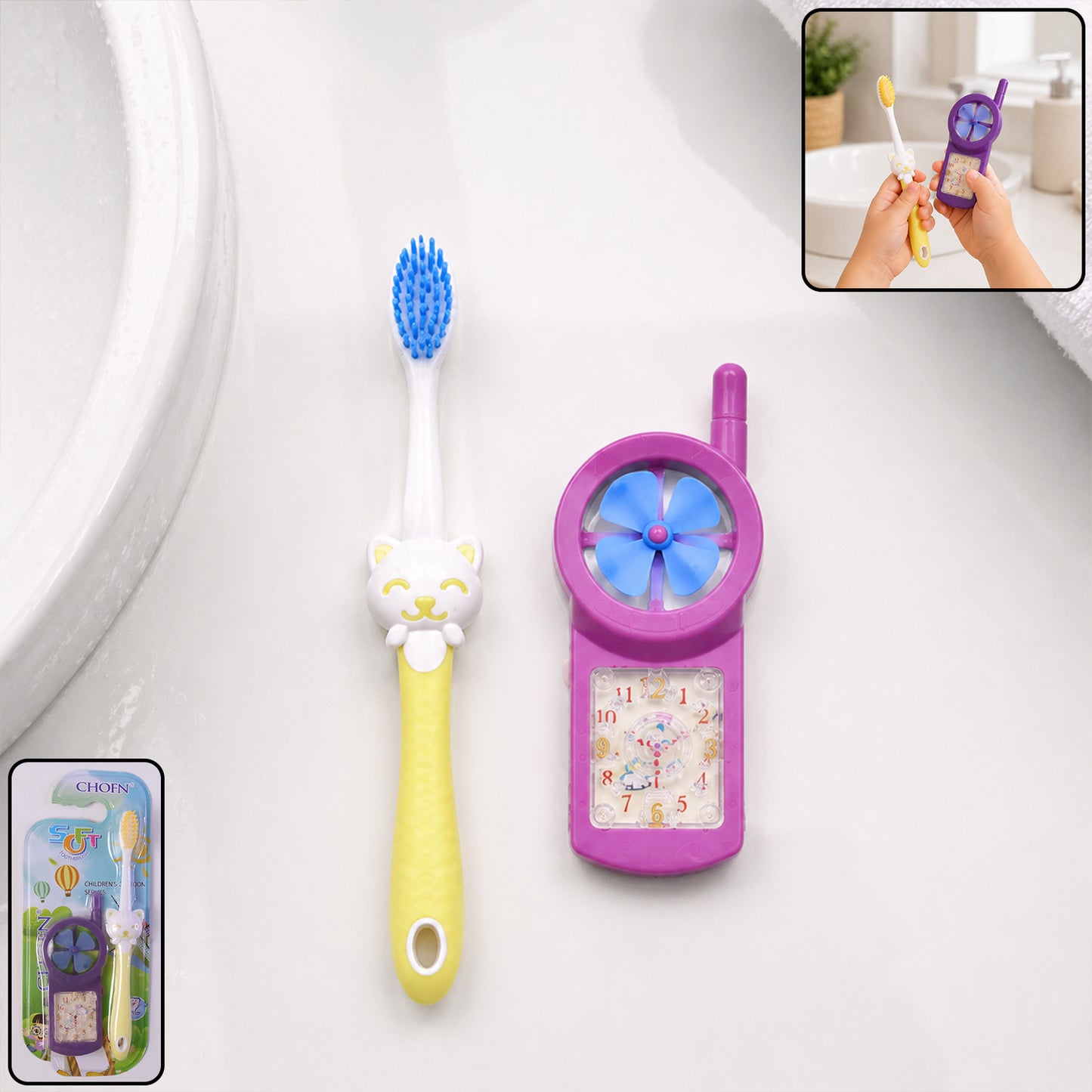 Kids Cartoon Design Toothbrush with Fan Toy Set (2 Pc Set)