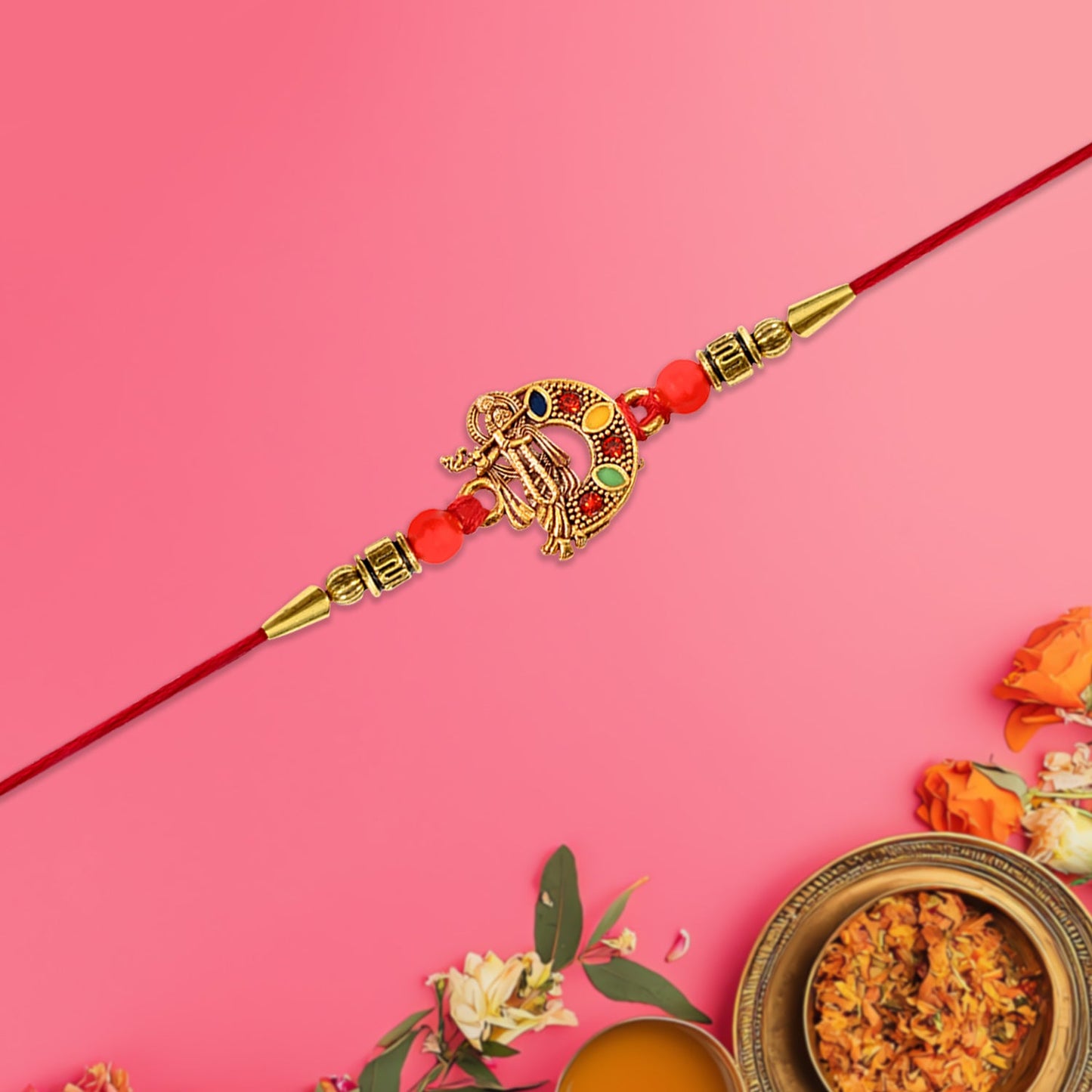 Beautifully presented Lord Krishna Rakhi symbolizing sacred sibling bond and protection.