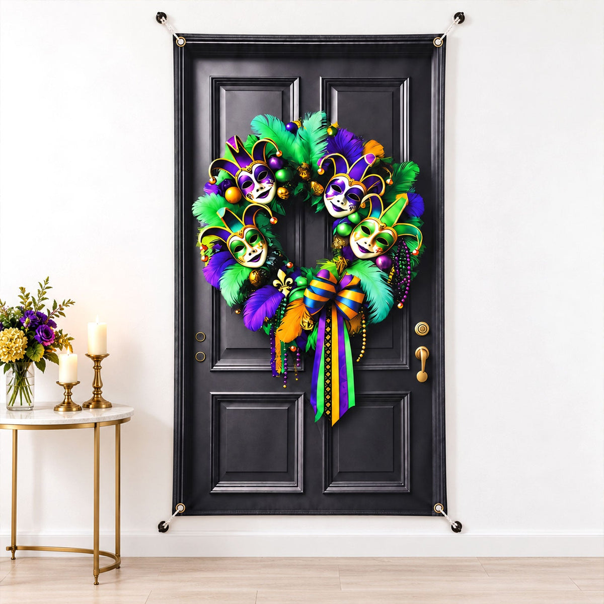 Mardi Gras door backdrop with printed black door and purple green and gold wreath